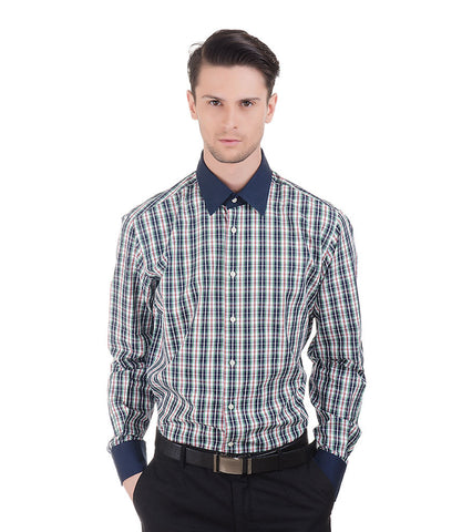 Lagerfeld Blue Green Check Shirt With Navy Collar