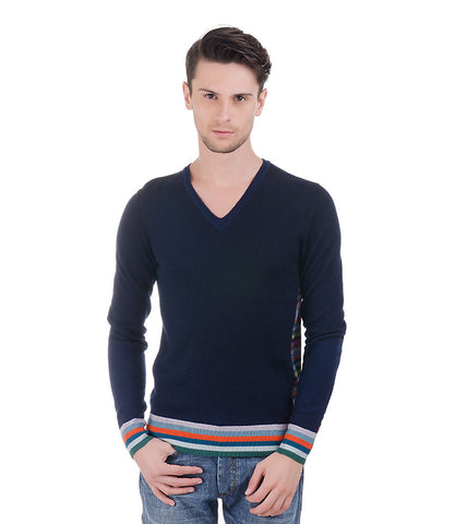 CHRISTIAN LACROIX NAVY PULLOVER WITH MULTI COLOR STRIPE BASE & SLEEVE