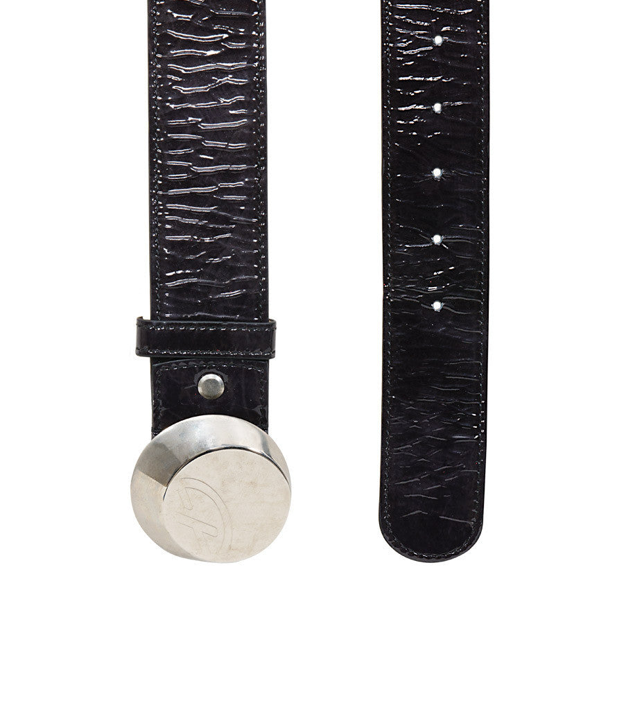 Francesco Biasia Round Embossed Logo Black Patent Belt