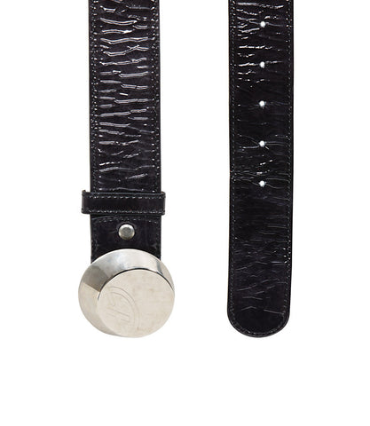 Francesco Biasia Round Embossed Logo Black Patent Belt