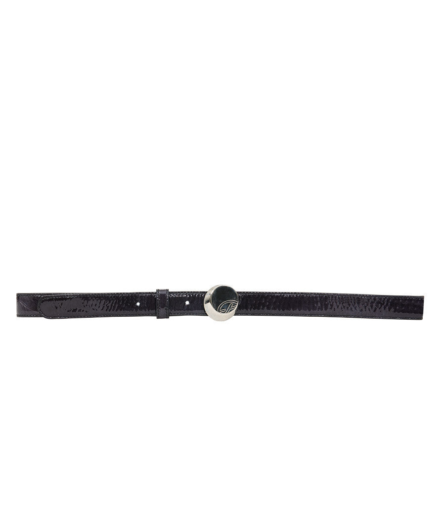 Francesco Biasia Black Patent Round Embossed Logo Belt