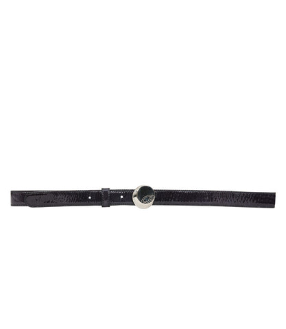 Francesco Biasia Black Patent Round Embossed Logo Belt
